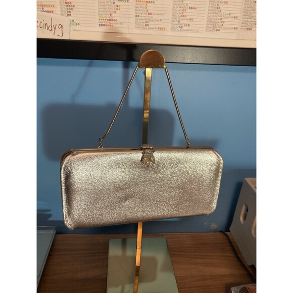 Vintage Silver Clutch Handbag Women Metallic Foil Purse - Picture 2 of 9
